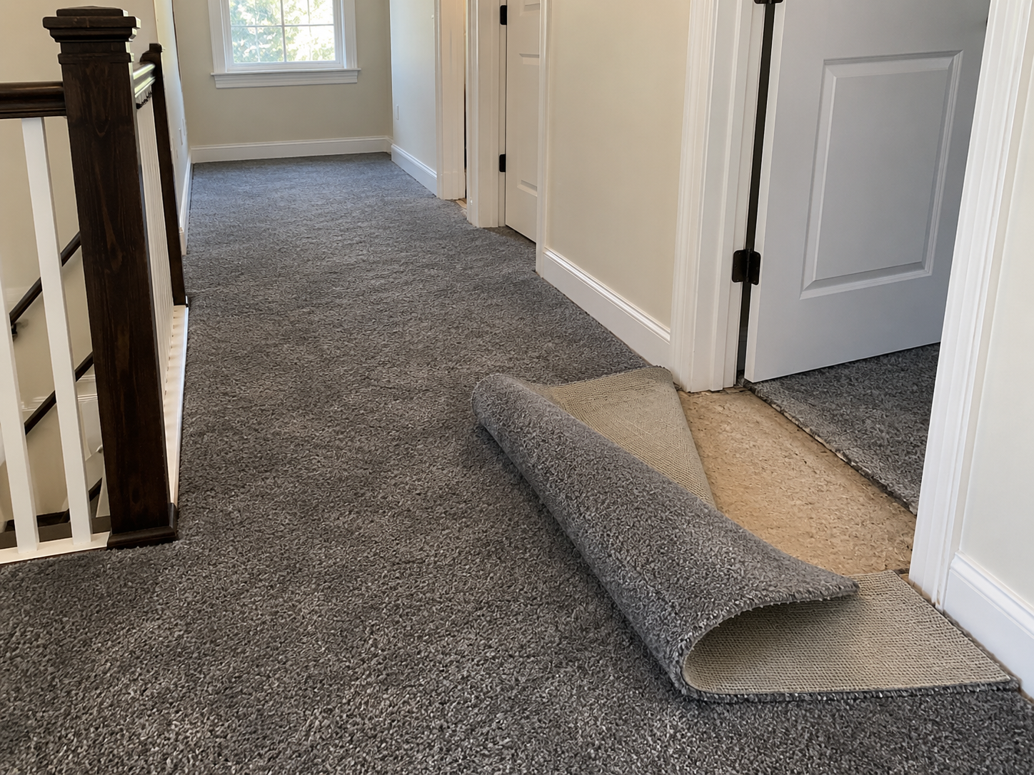 Before: charcoal hallway carpet peeled back at a bedroom doorway, exposing the pad beneath