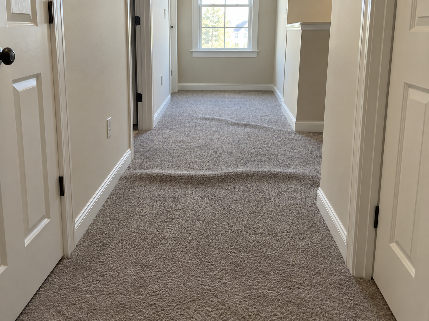 Before: upstairs hallway with loose taupe carpet rippling in two raised waves across the floor