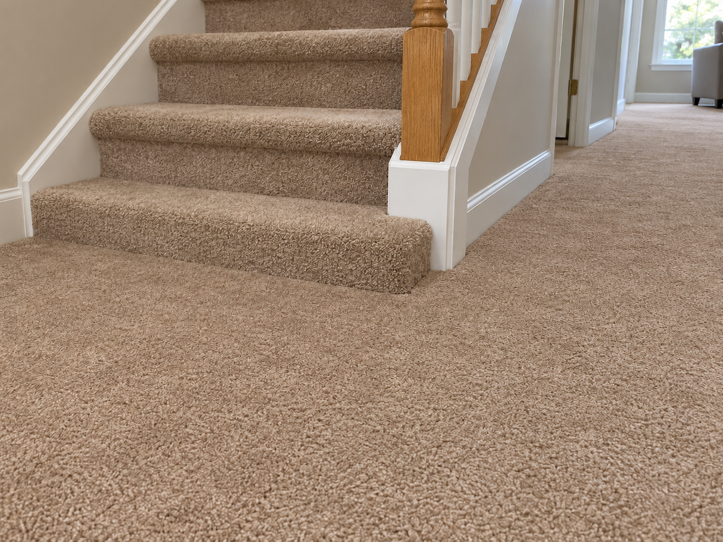 After: the same staircase and hallway carpet blended to one matching tan tone with no visible seam line