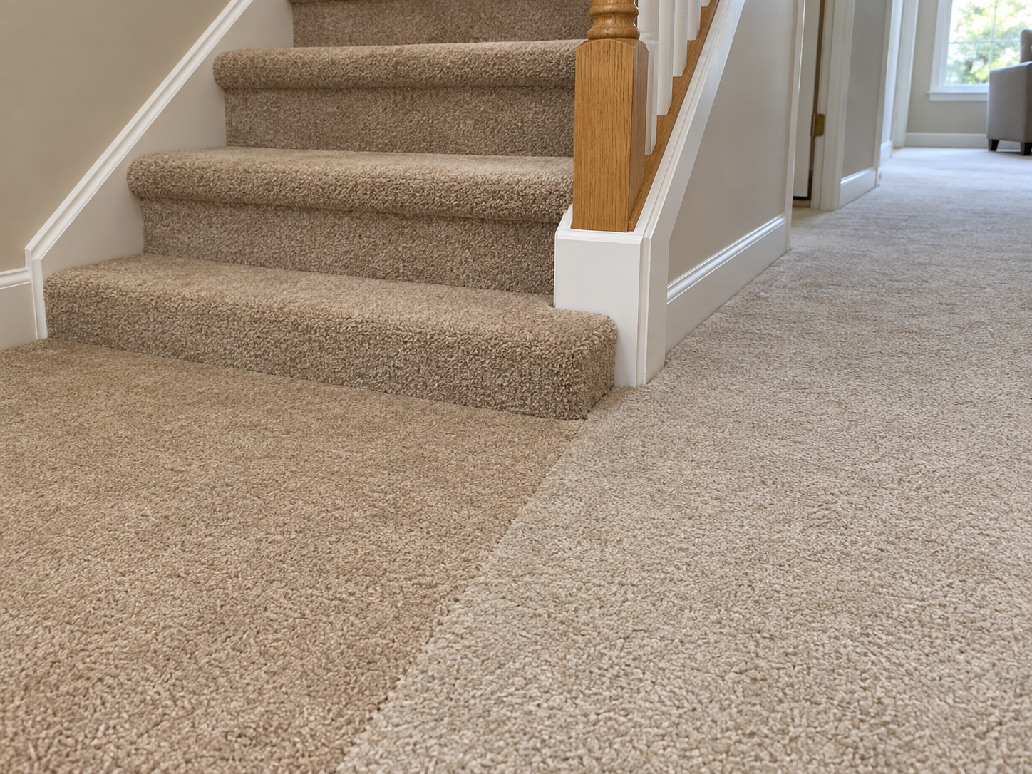 Before: tan staircase carpet meeting lighter beige hallway carpet at the landing with a sharp diagonal shade line