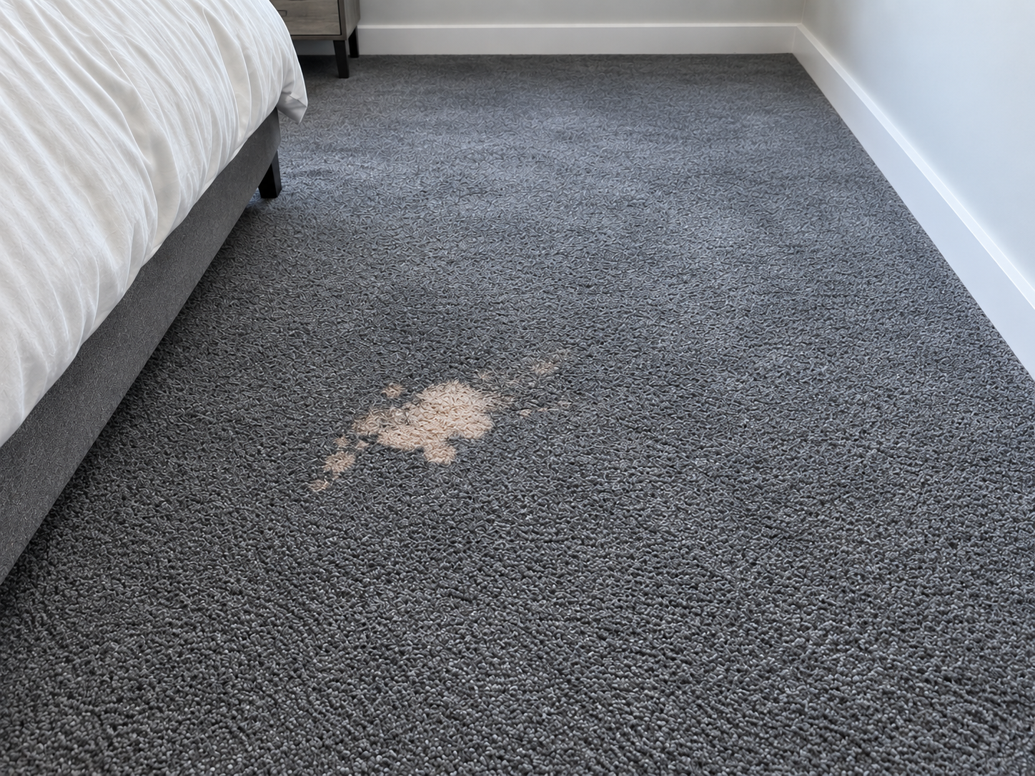 Before: pale bleach spot on charcoal bedroom carpet beside the bed