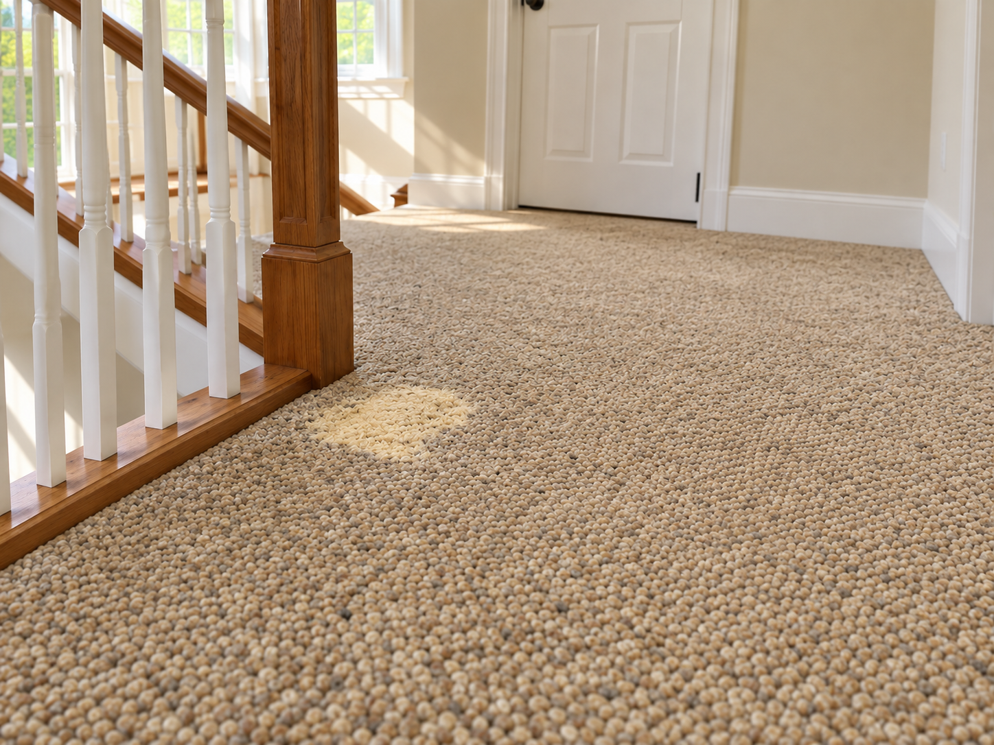 Before: pale bleached patch on tan berber carpet at the top of a staircase landing