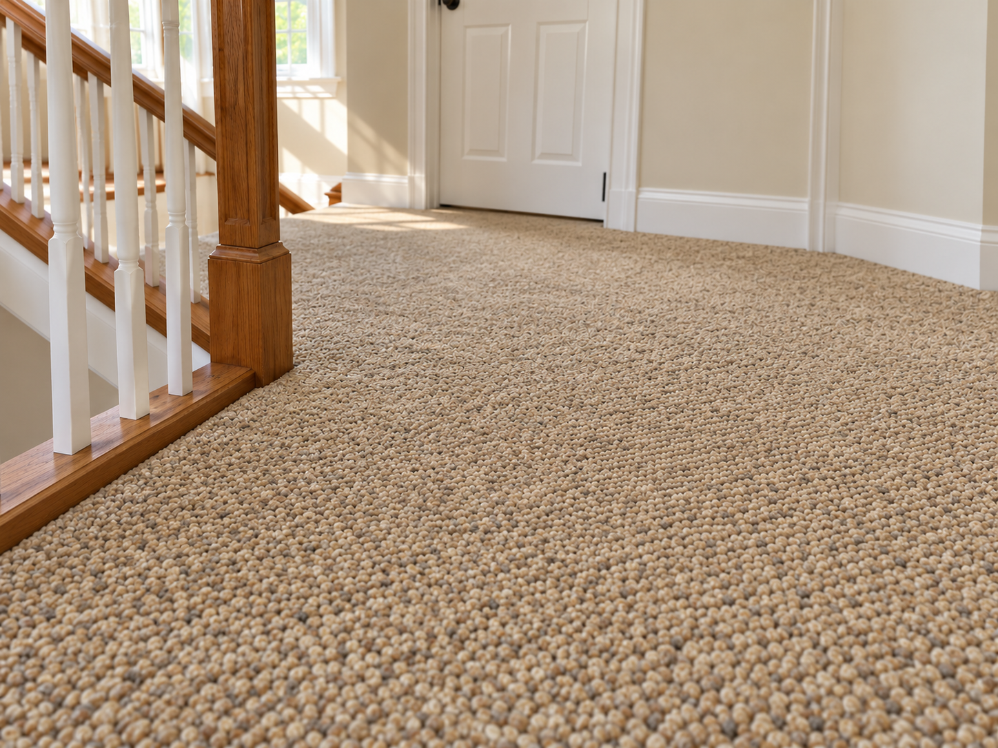 After: the same landing carpet spot-dyed to match, with the bleached patch gone
