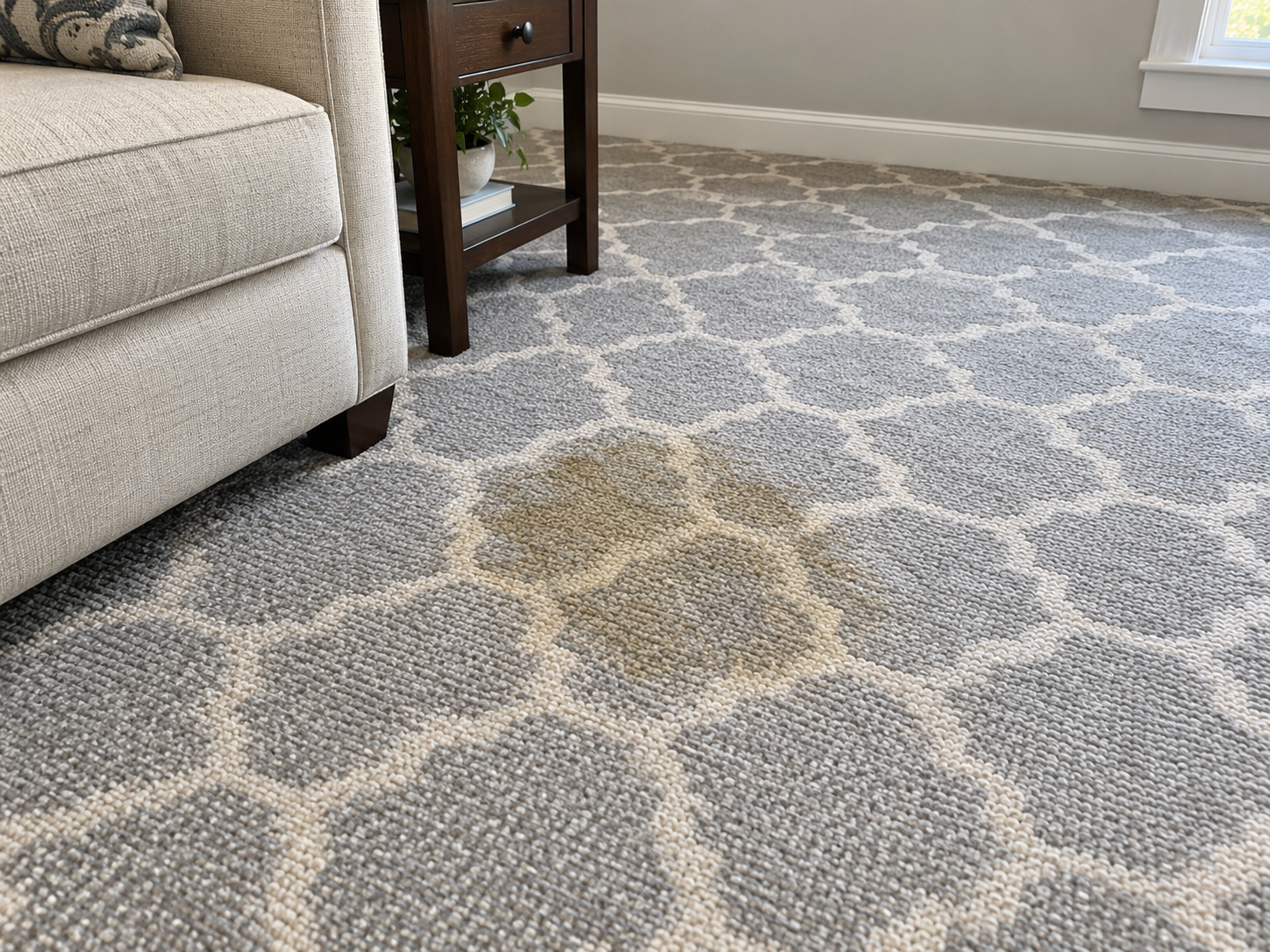 Before: yellow-brown stain across the gray and cream trellis-pattern carpet beside a sofa