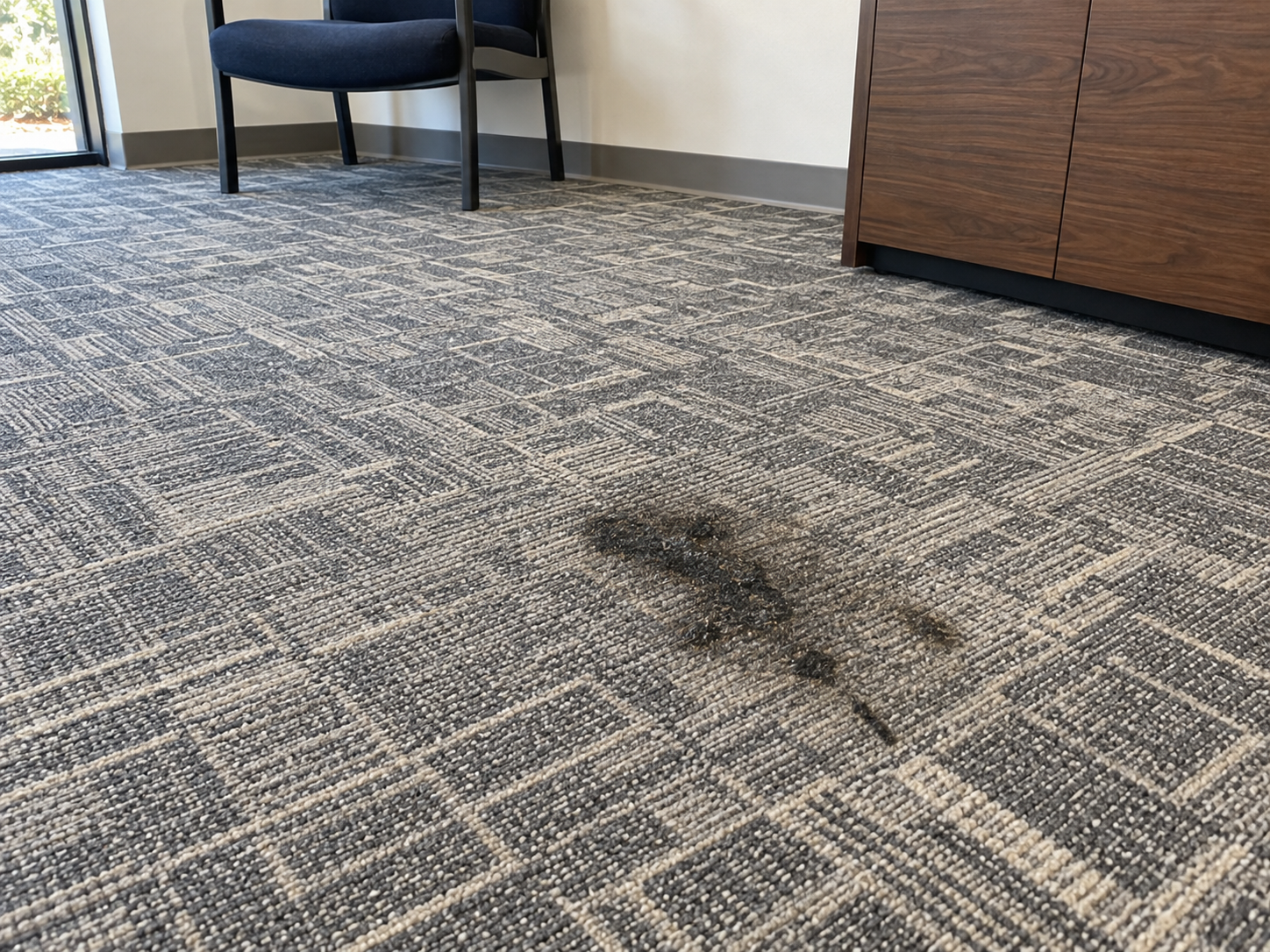 Before: dark smeared stain across gray and tan commercial carpet tile in an office waiting area