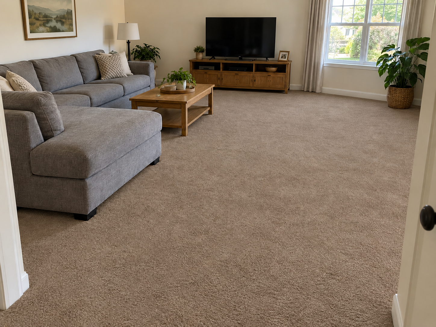 After: the same living room carpet dyed wall to wall in a richer, even taupe