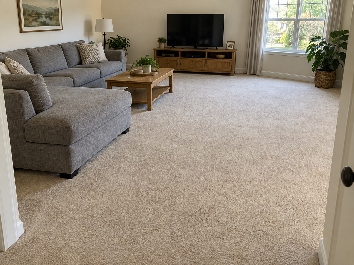 Before: living room with worn, faded light beige wall-to-wall carpet