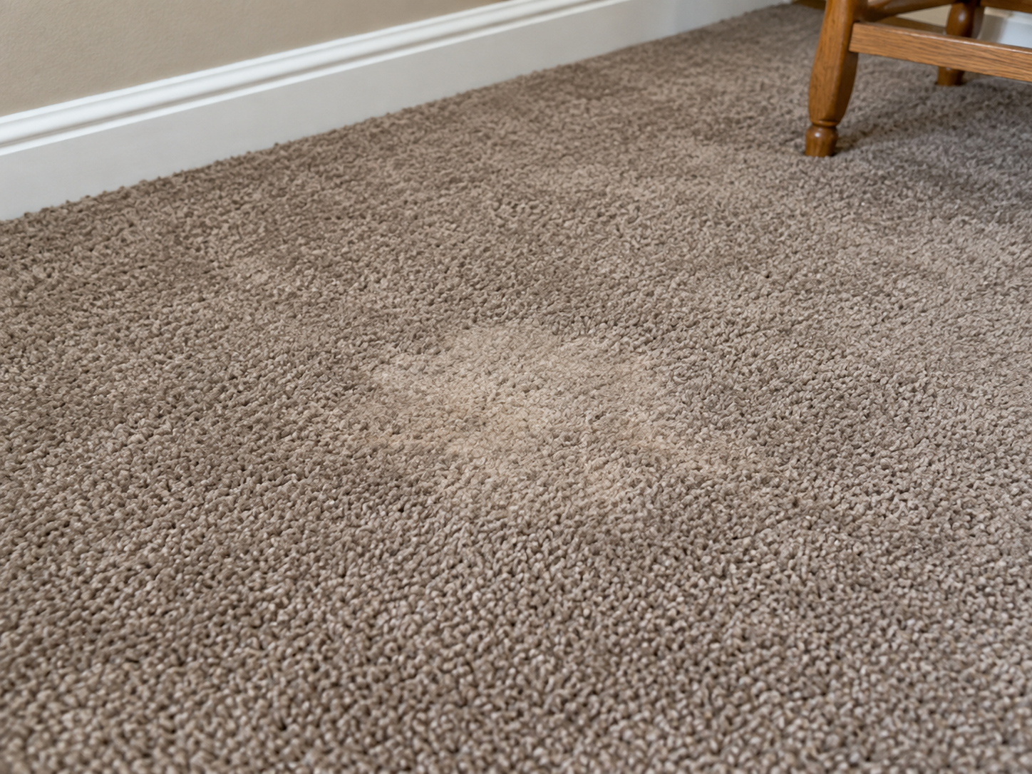 Before: taupe frieze carpet near a baseboard with a lighter faded patch in the middle