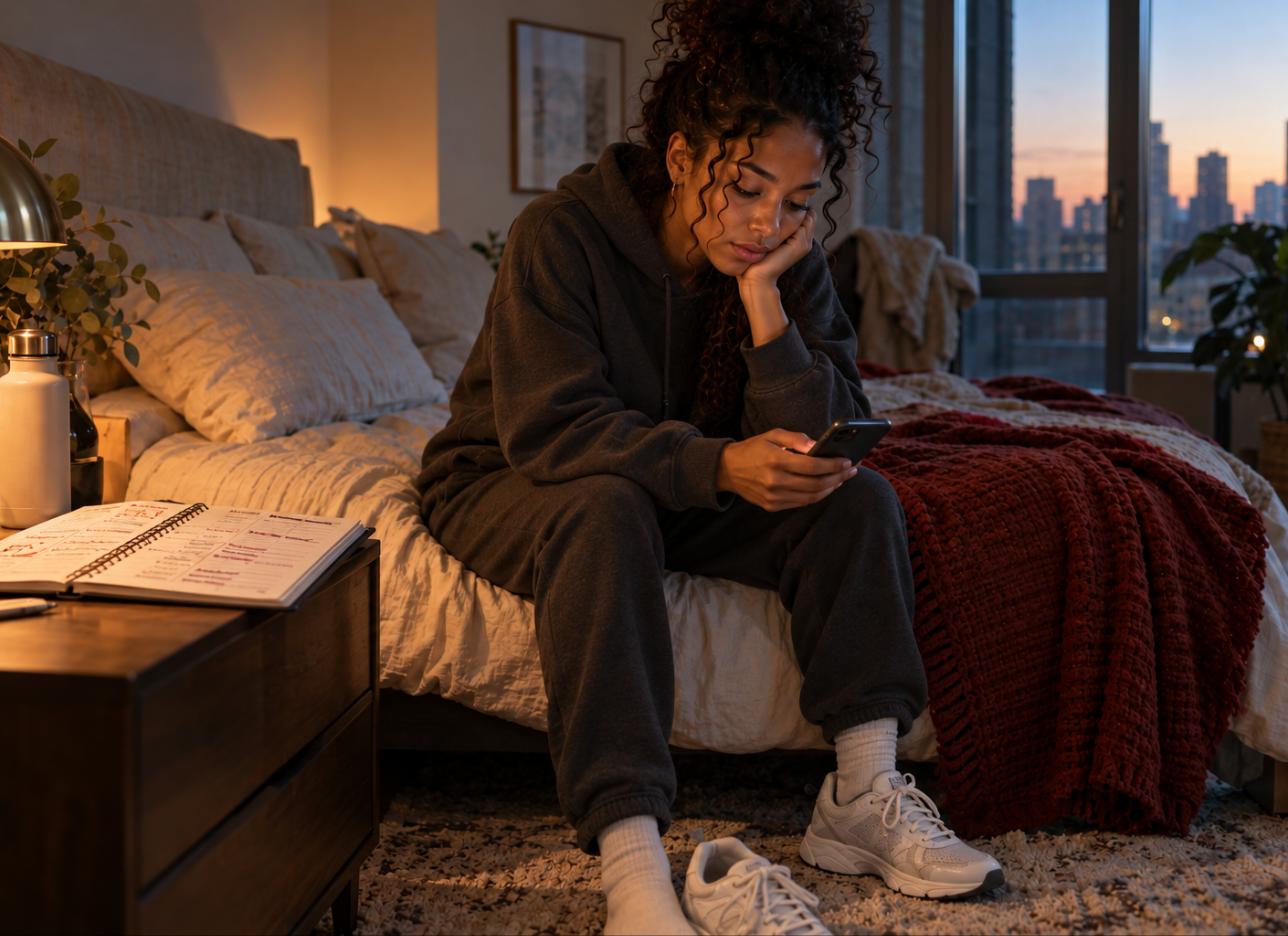 A woman sitting alone on the edge of her bed before sunrise, in a hoodie with one sneaker on, stuck scrolling her phone