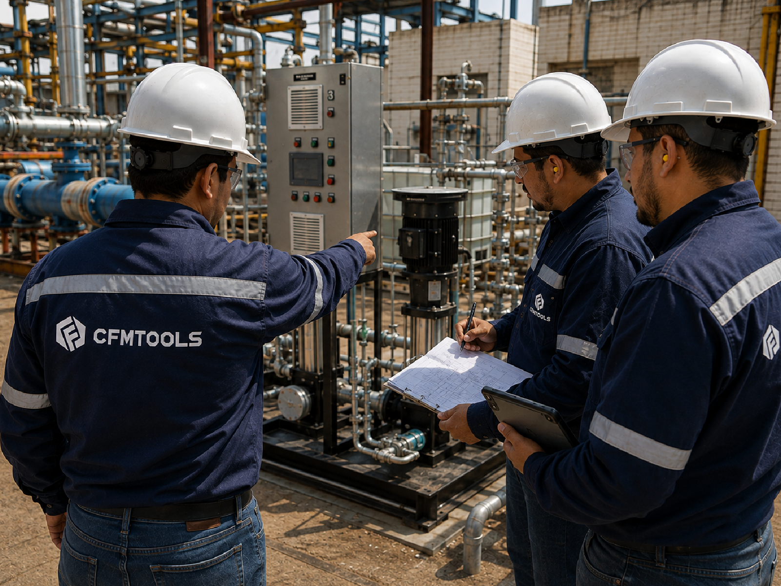 Equipo CFMTools revisando una condición de campo o coordinando ingeniería