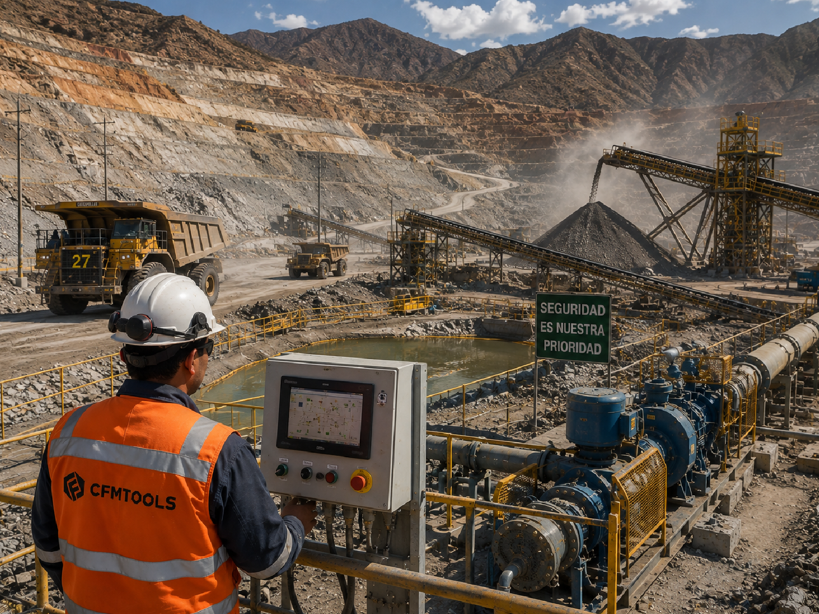 Operación minera con bombeo, potencia, control de polvo o automatización