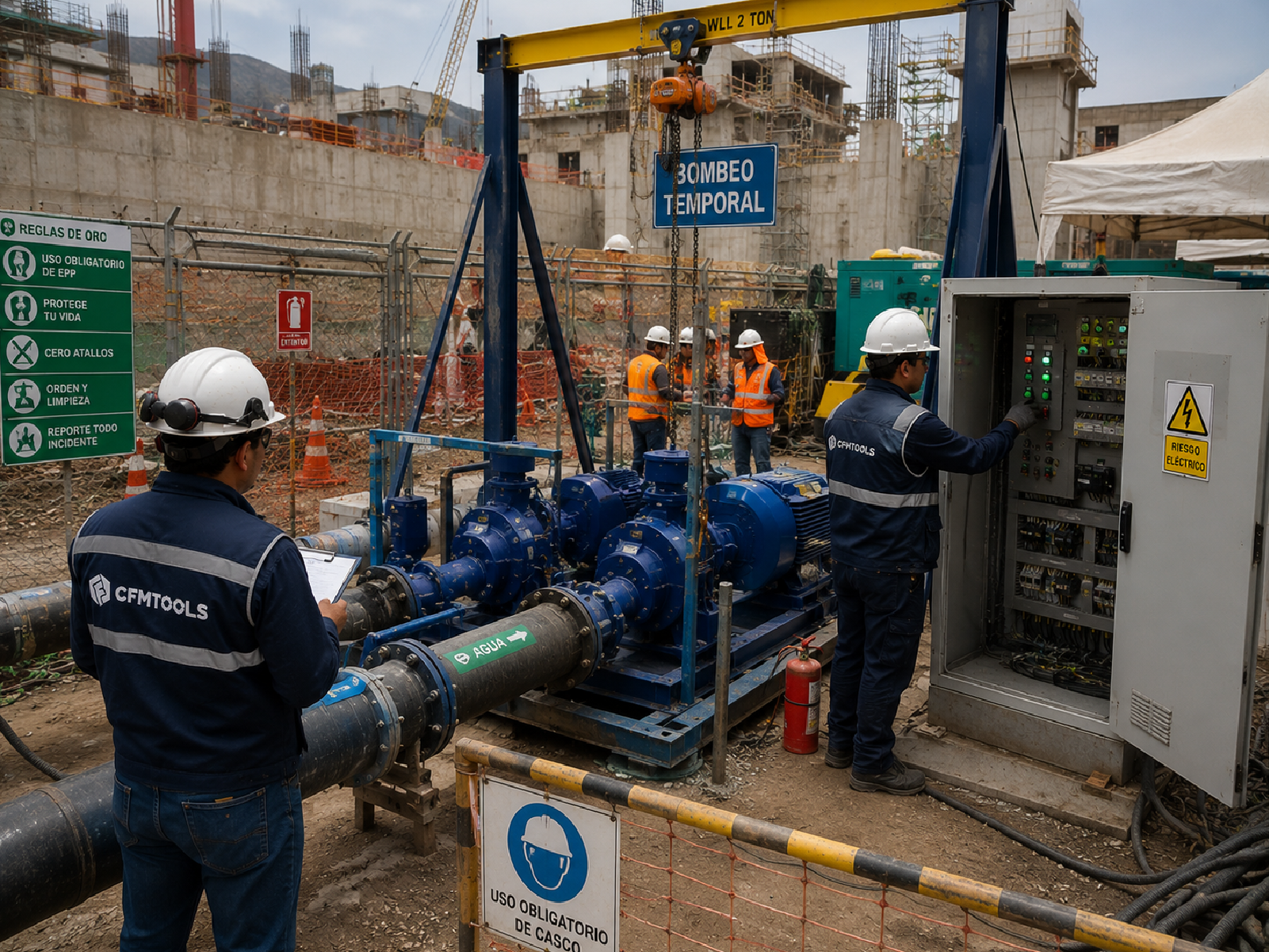 Proyecto de construcción con bombeo temporal, tableros, skids o puesta en servicio
