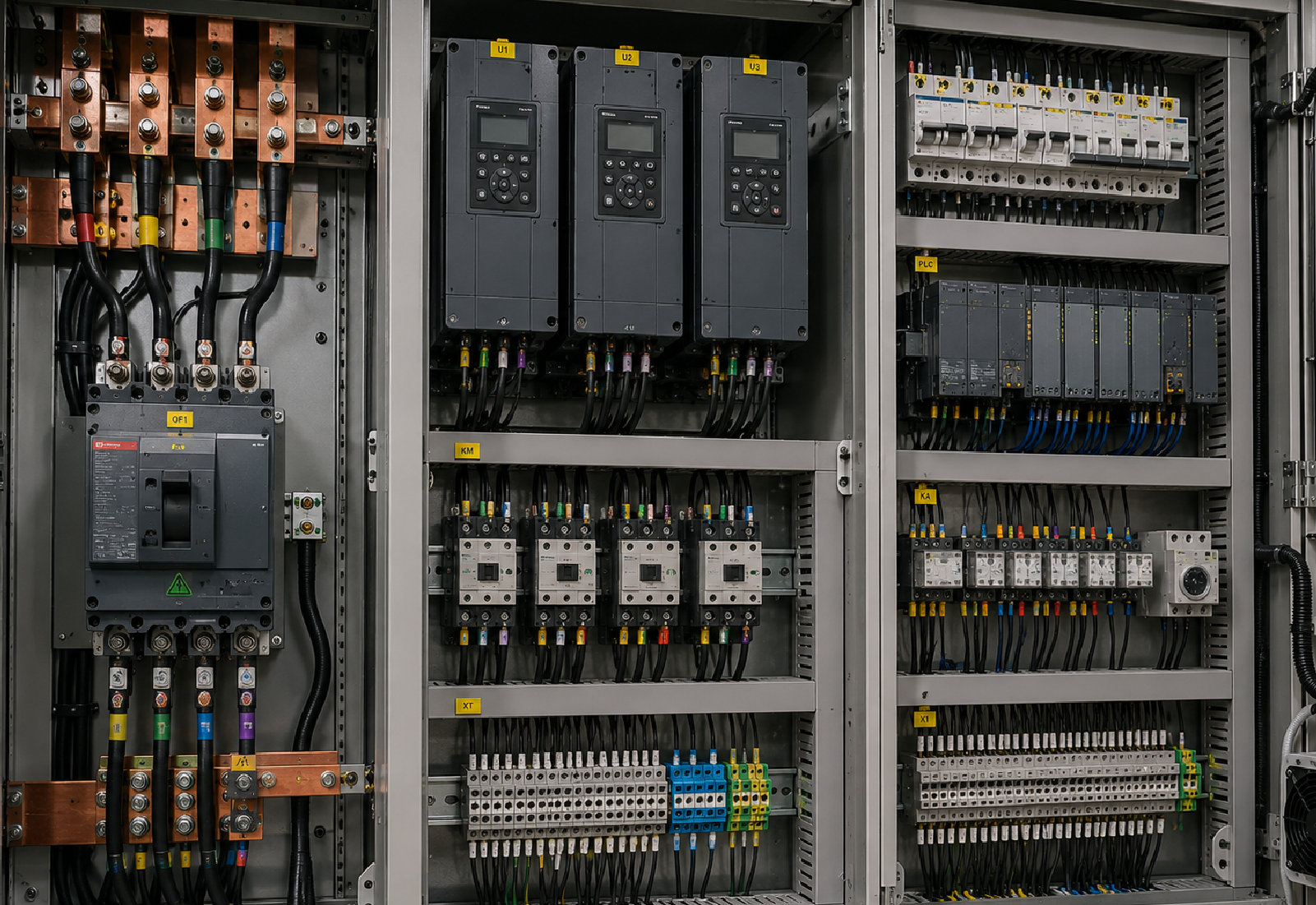 Interior de tablero, barras, protecciones y componentes de control
