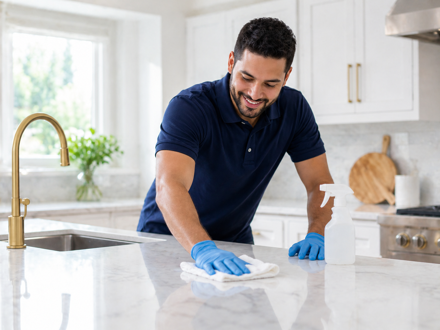 Cleaning provider wiping down kitchen counter