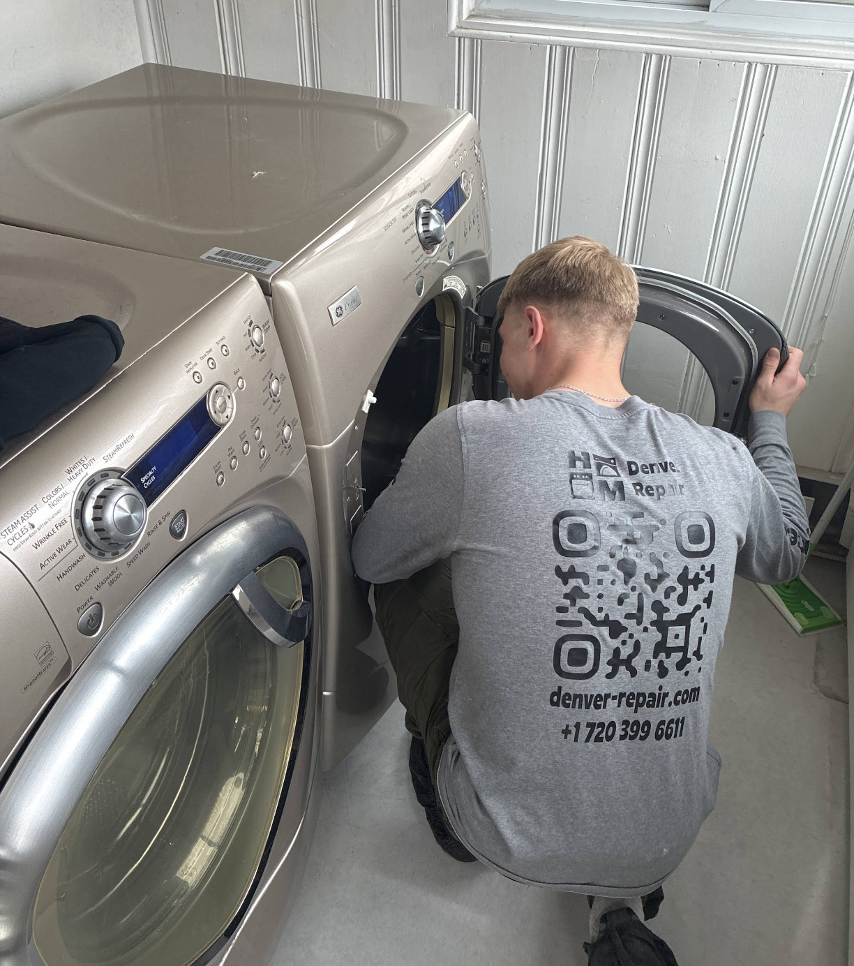 Gena servicing a front-load washer — Denver metro