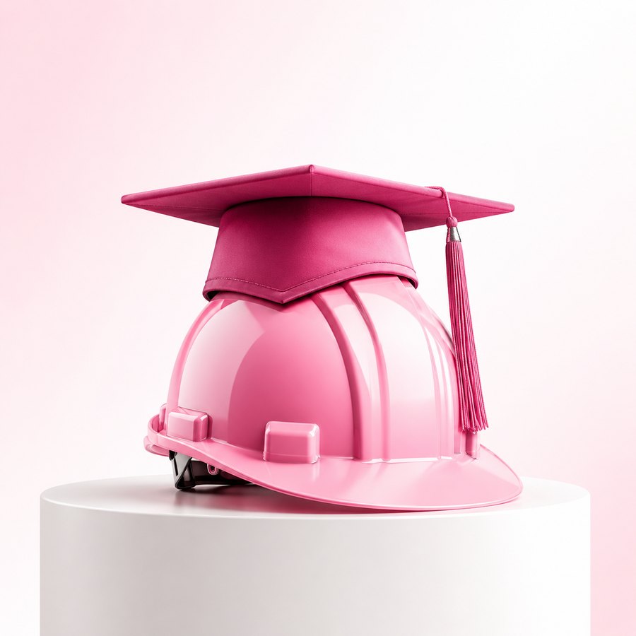 A pink hard hat wearing a graduation cap