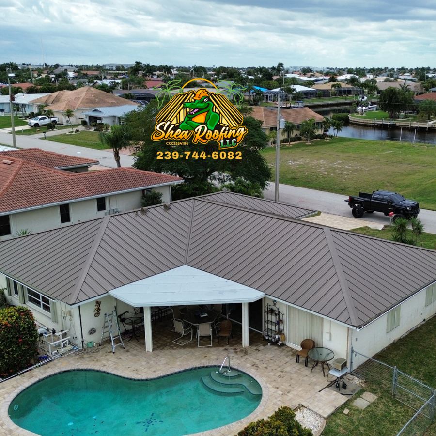 Gray metal roof on a pool home
