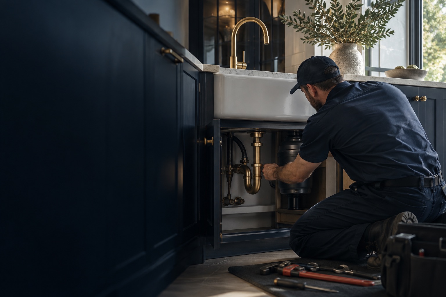 Plumber working beneath a kitchen sink