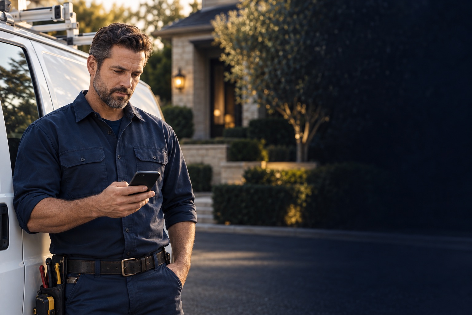 Home-service business owner reviewing his phone beside a work van