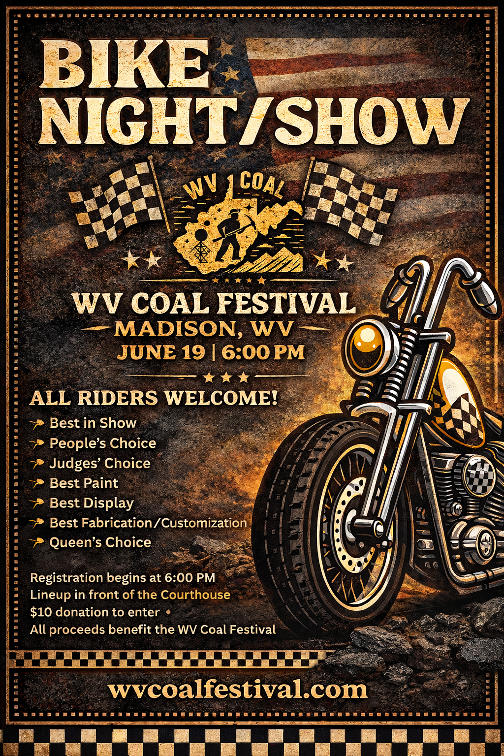 WV Coal Festival Bike Night and Show flyer for June 19 at 6:00 PM in Madison, West Virginia