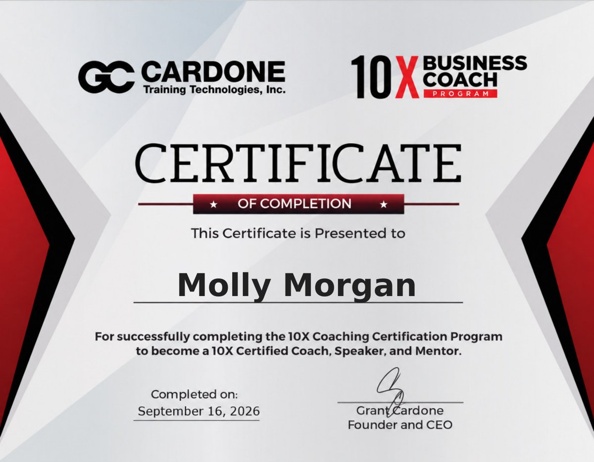 10X Coaching Certification, Molly Morgan, completed September 16, 2026