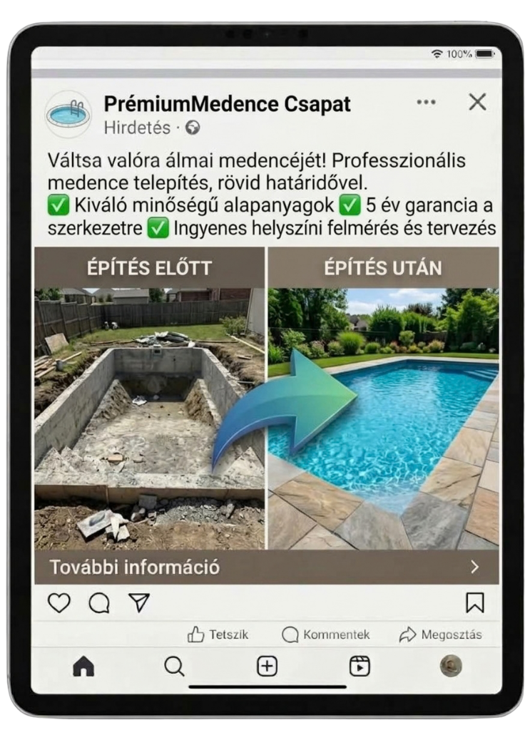 Példa Facebook és Instagram hirdetés egy prémium medenceépítő cégnek