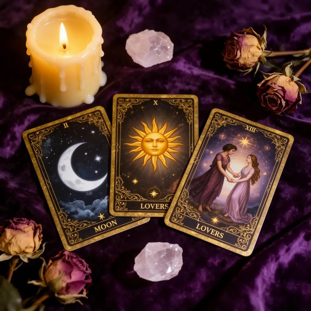 Tarotkarten mit Mond, Sonne und Liebenden auf Aubergine-Samt mit Kerze und Rosenquarz