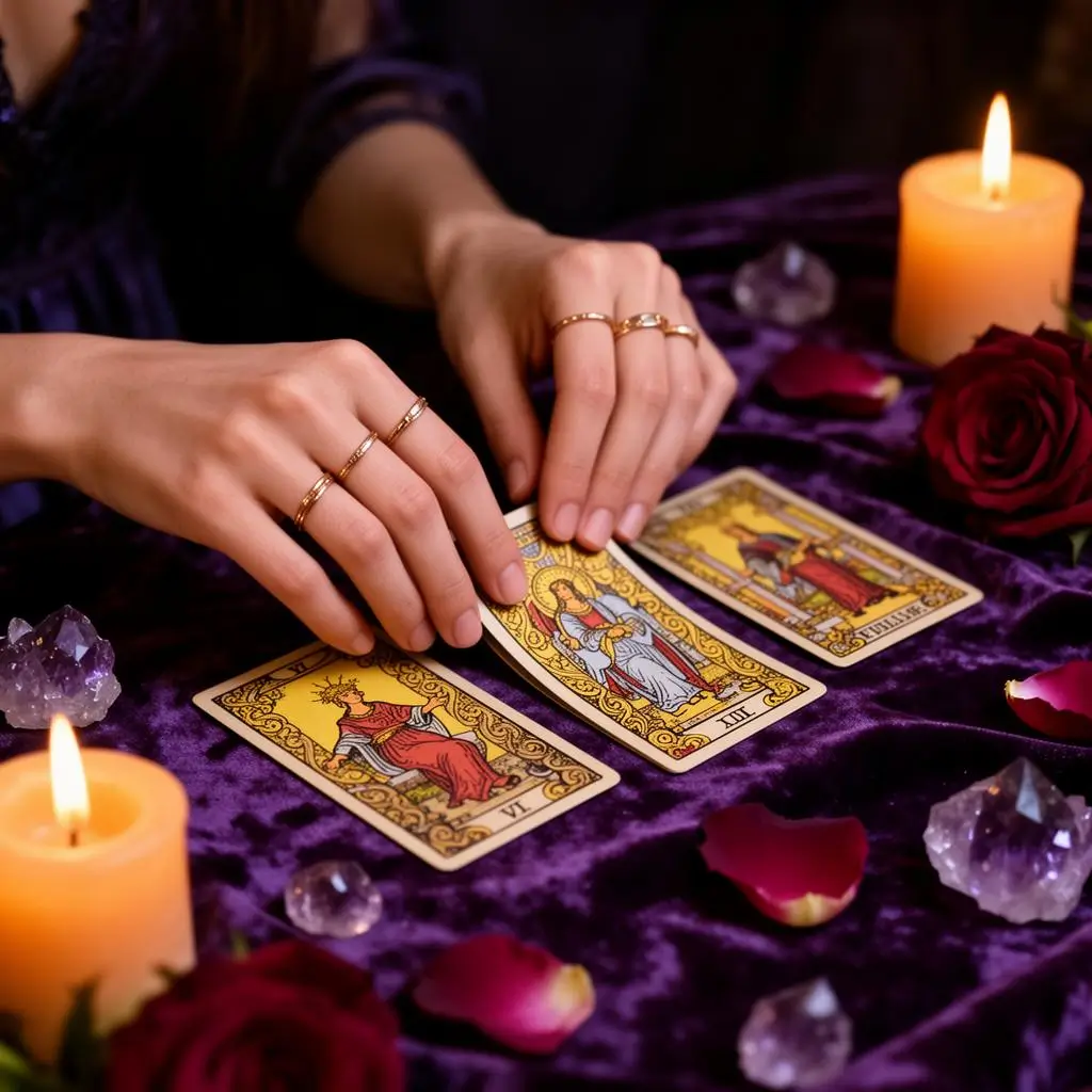 Hände einer Tarot-Leserin mit goldenen Ringen mischen Karten auf Aubergine-Samt