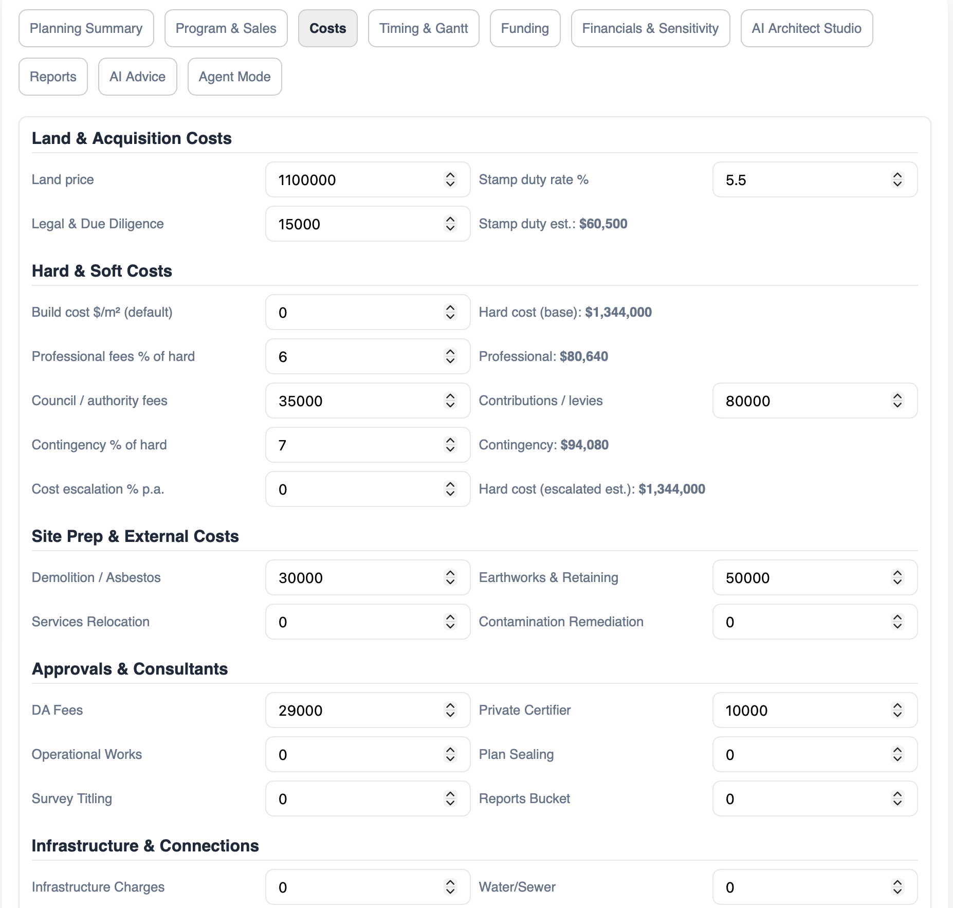 Development costs — actual InsiteIQ product screenshot