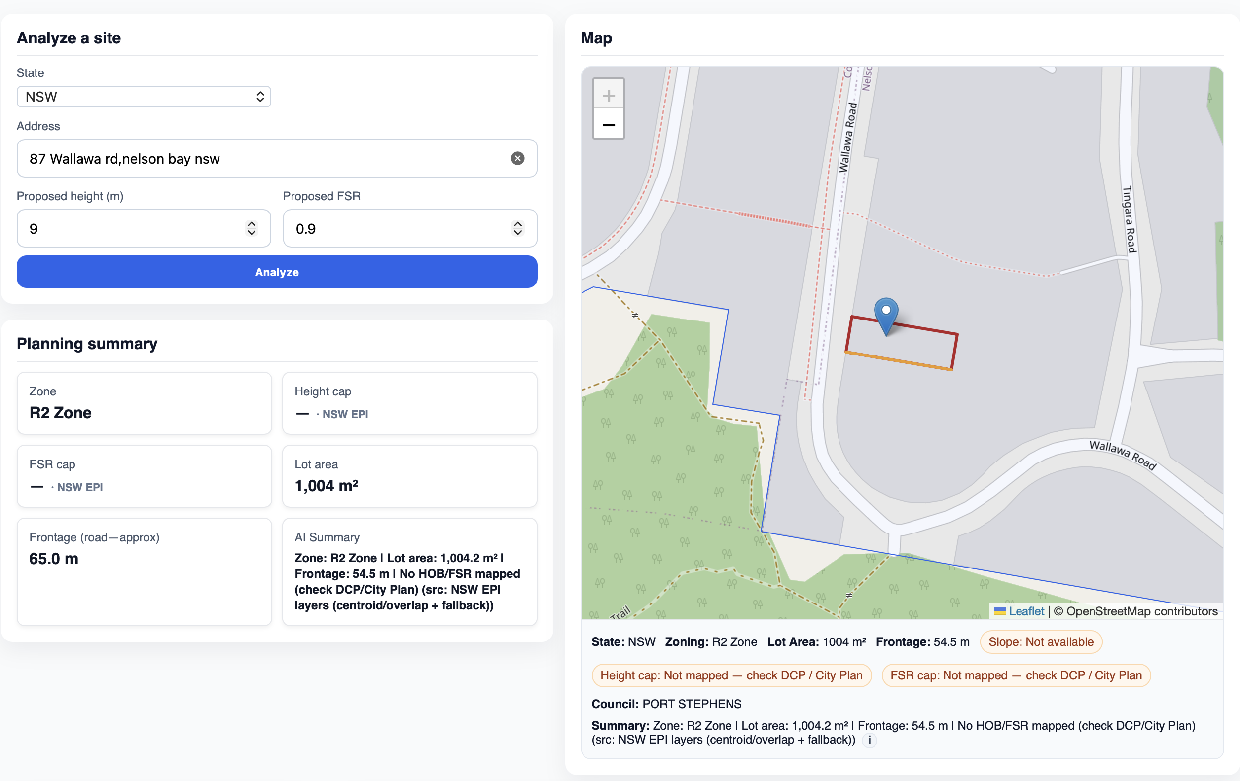 InsiteIQ site analysis showing the property boundary on a map and a planning summary
