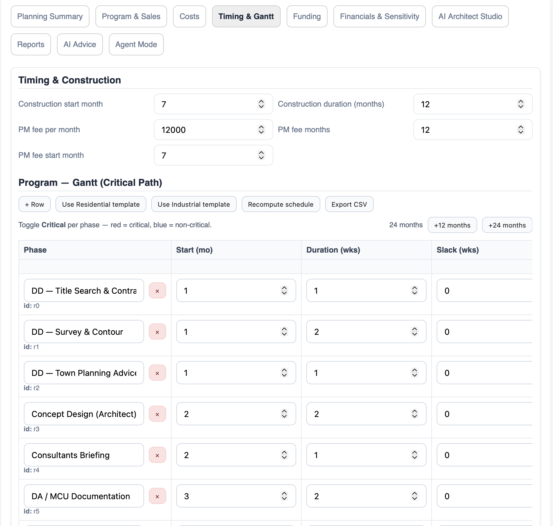 Timing & construction — actual InsiteIQ product screenshot