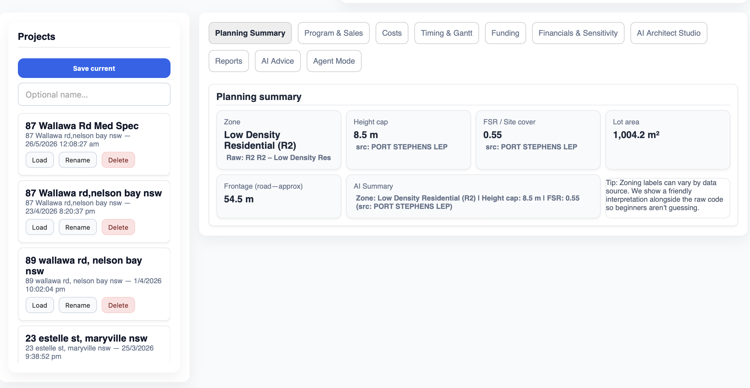 Planning summary — actual InsiteIQ product screenshot
