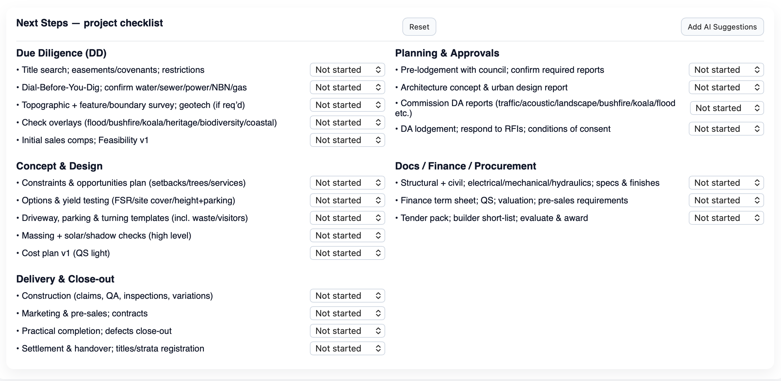 Project checklist — actual InsiteIQ product screenshot
