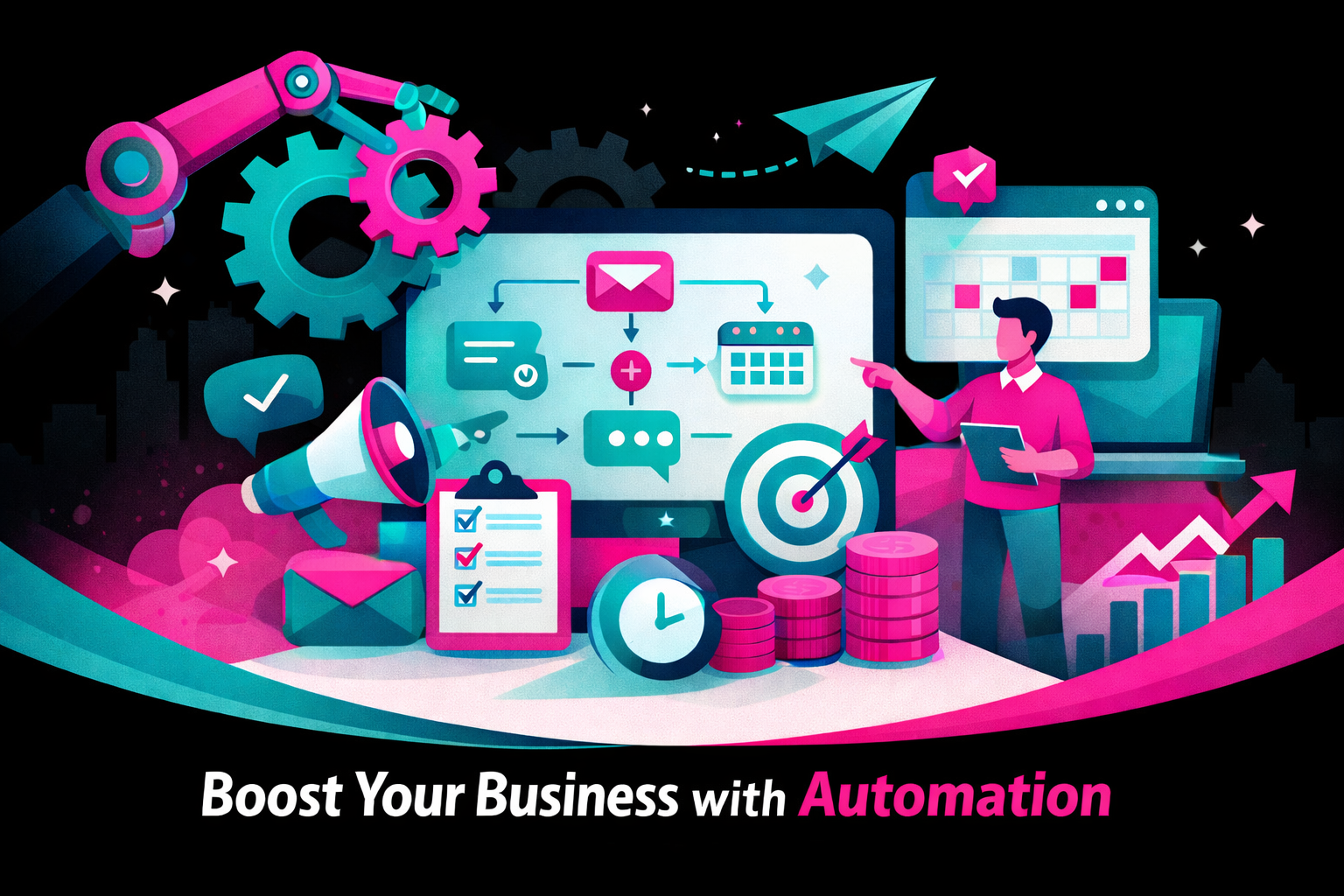 Business automation graphic for Qwiclink showing automated messaging, scheduling, lead handling, and workflow systems in pink and teal on a black background. Business automation graphic for Qwiclink showing automated messaging, scheduling, lead handling, and workflow systems in pink and teal on a black background.