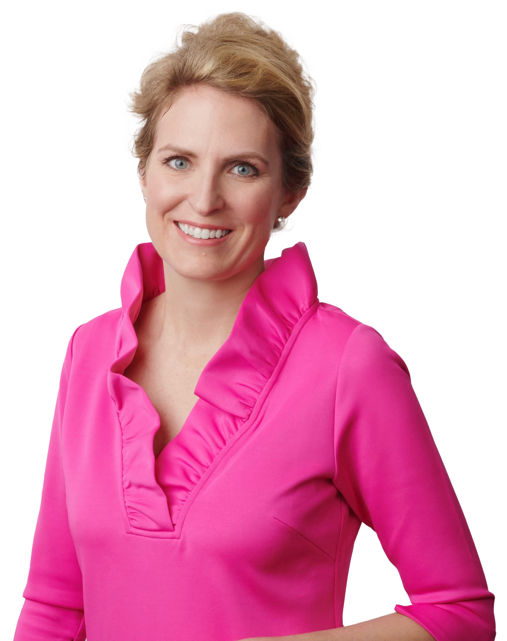 A photo of Dr. Megan Ratliff smiling in a pink dress, with blonde curly hair pinned up on a transparent background, overlaps the header.