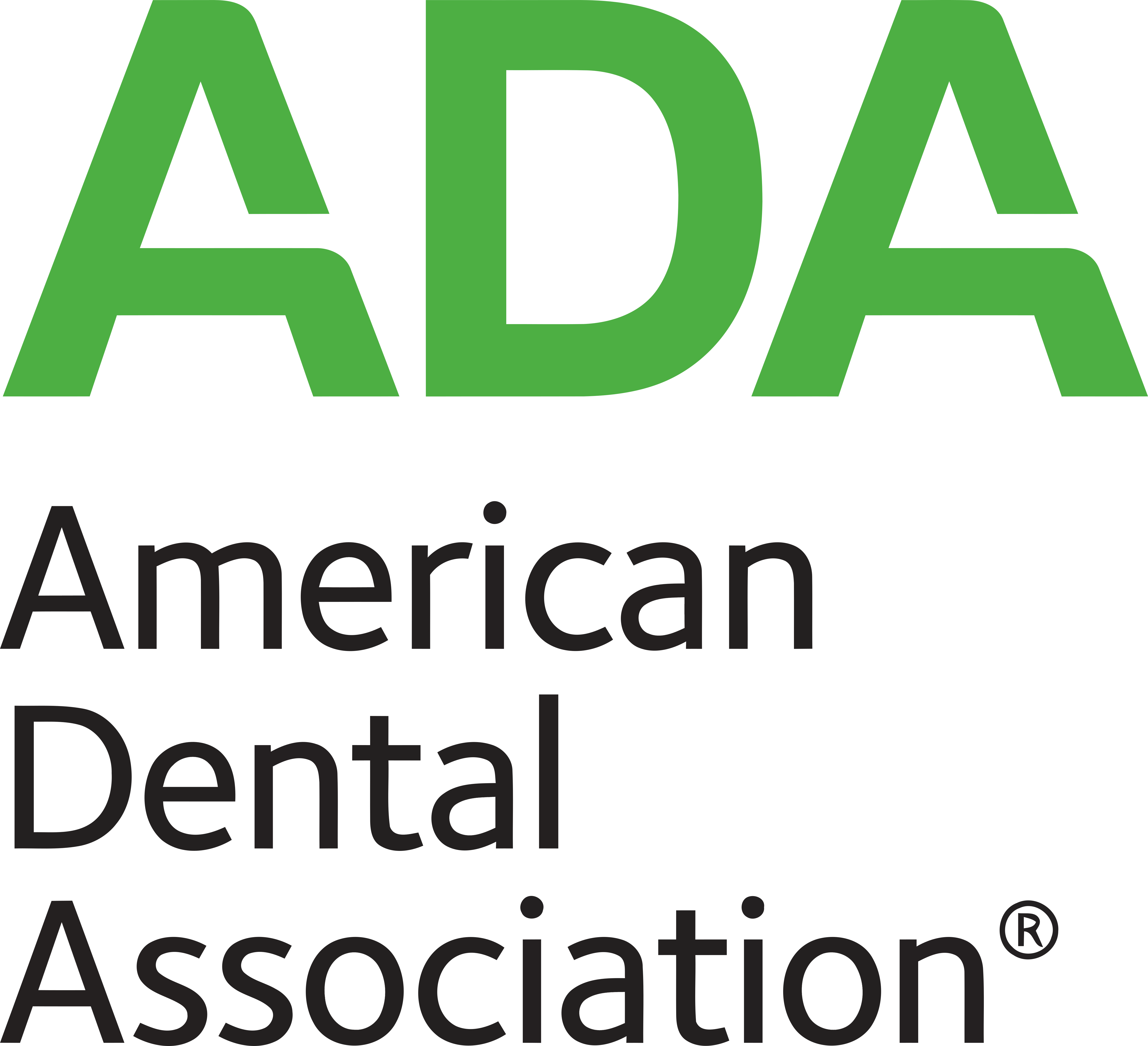 Logo of the American Dental Association in blue and green, with the acronym 'ADA' prominently above the full association name with registration mark.
