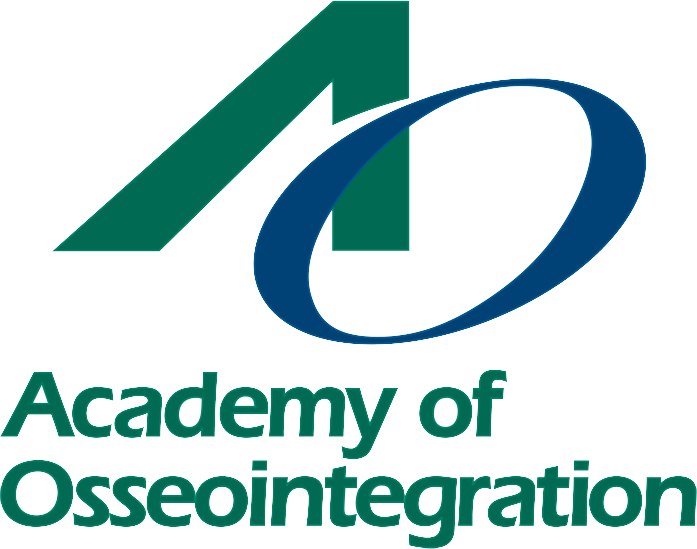 Logo Academy of Osseointegration Logo Overlapping Green A and Blue O with the words Academy of Osseointegration in green on a transparent background. 