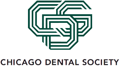 Logo of the Chicago Dental Society, displaying interlocking geometric shapes in dark green that subtly forms the letters "CDG" through the use of negative space and the arrangement of its elements