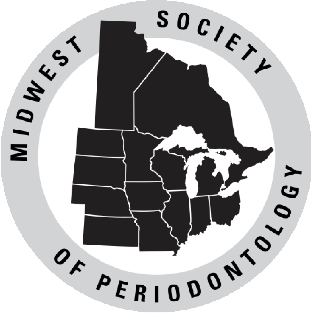 Logo of the Midwest Society of Periodontology, showing the states of the region in black with a white background with a grey circular background with the society's name around the edge.