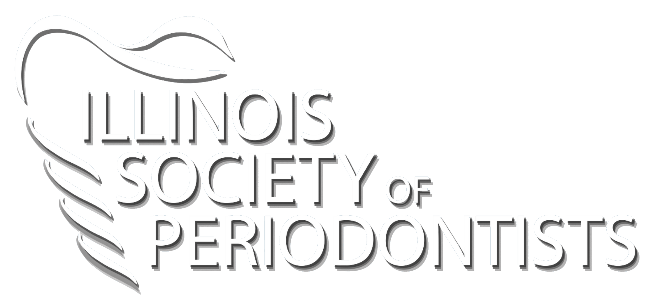 Logo of the Illinois Society of Periodontists, featuring a stylized depiction of a tooth with a screw bottom symbolizing an implant wrapping the name in black line with the society's name curved around it.
