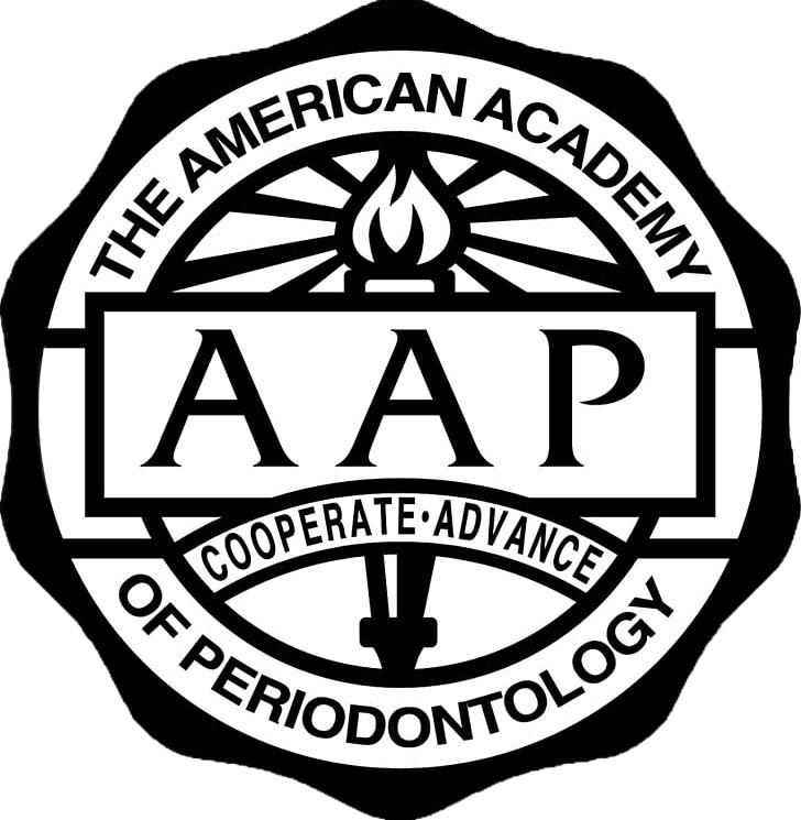 Logo of the American Academy of Periodontology is black, featuring a circular badge with a torch with a ray coming out of the top illustration surrounded by the organization's name