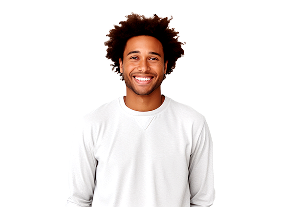 black man with facial hair smiling wearing a white sweatshirt smiling big showing his white teeth
