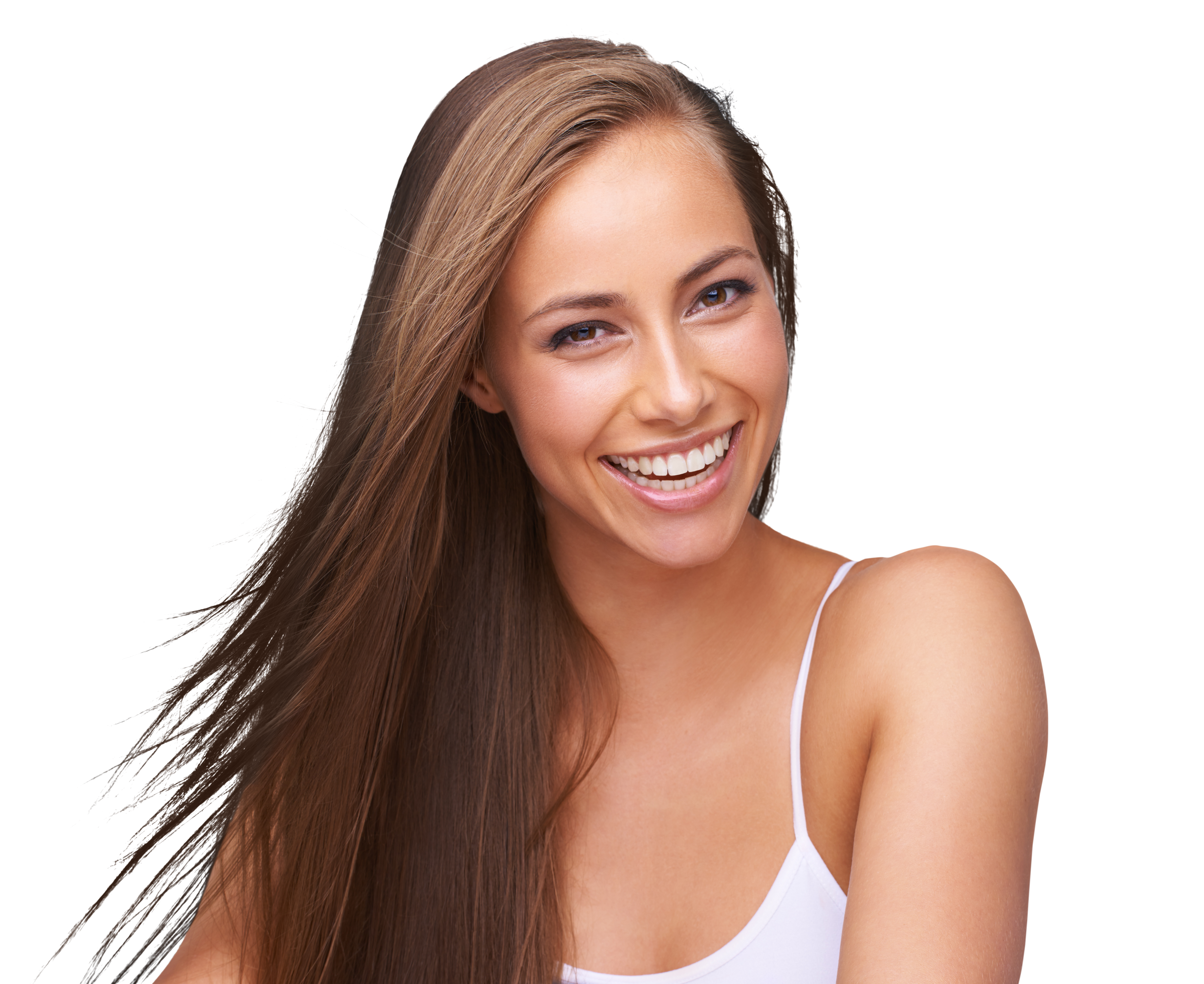 Happy caucasian women with brown eyes and long brown strait hair parted on the side wearing a white tanktop with skinny straps. She has a big smile showing her teeth