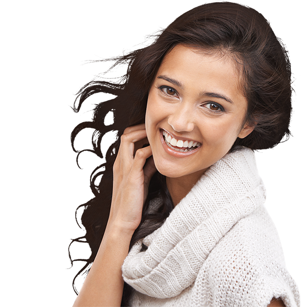 Photograph A smiling young woman with dark hair, wearing a white knitted short sleeve sweater with a cowl neck. She has a joyful expression, with her head tilted slightly to the side and her hand gently touching her face on a transparent background.