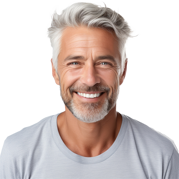 Photo Man with styled silver hair and a salt and pepper beard wearing a gray u-neck t-shirt