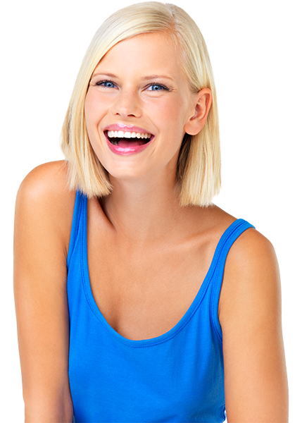 Blonde female with blue eye wearing a blue tank top smiling with mouth open