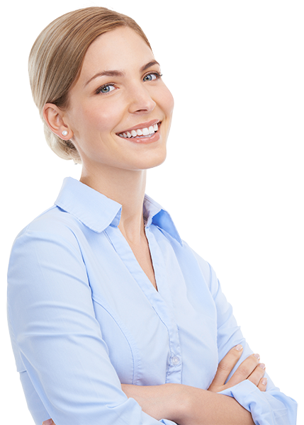 Blonde caucasian woman with a big smile showing teeth wearing a blue shirt with arms folded