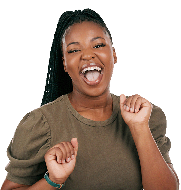 Excited African American Women with her hair pulled back with long small braids in a ponytail, she has a wide open smile and arms up like she is daning. She is wearing a brown short sleeve sweater. 