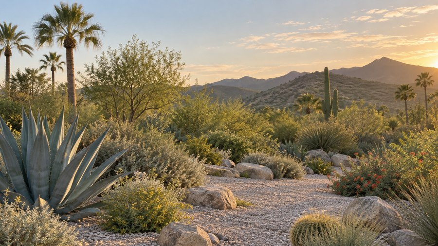 Illustrative desert landscape with agave, palms and low hills in warm evening light.