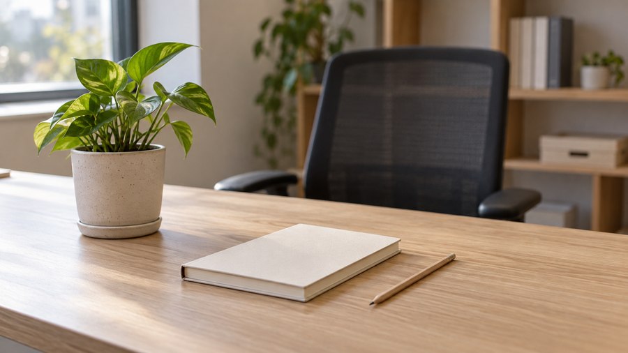 Illustrative empty office desk with a plant, blank notebook and pencil.